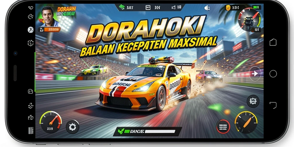 Tampilan balapan seru dengan kecepatan tinggi dan kendaraan menarik.