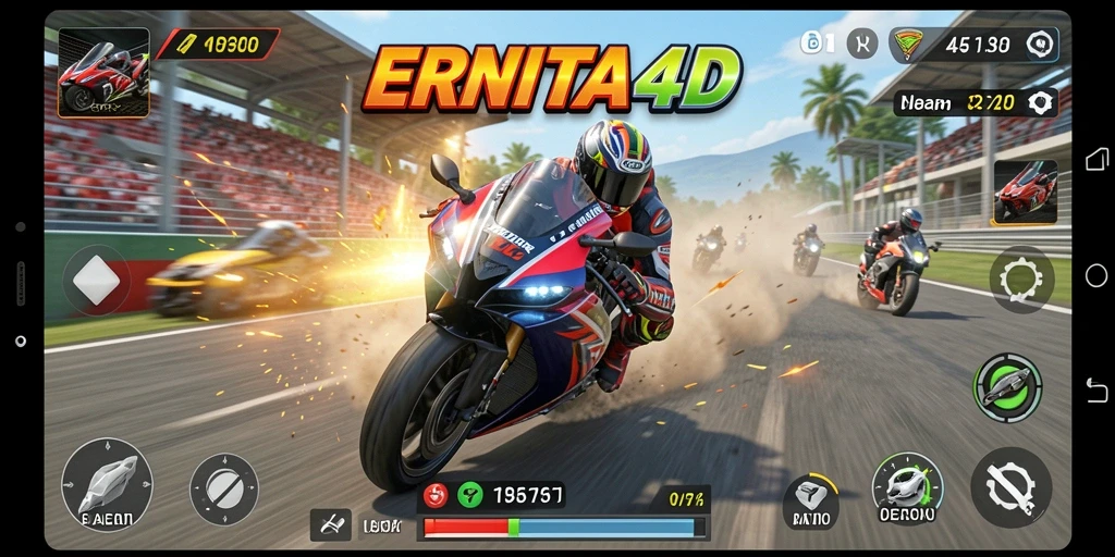 Screenshot gameplay ERNITA4D menampilkan balapan motor yang seru.