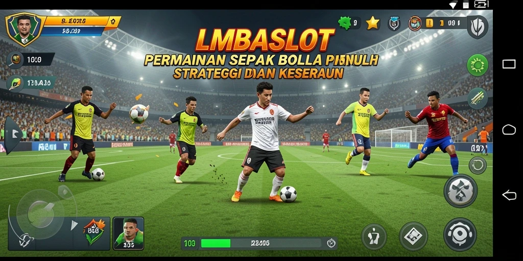 Tampilan utama gameplay LMBASLOT dengan aksi sepak bola seru.