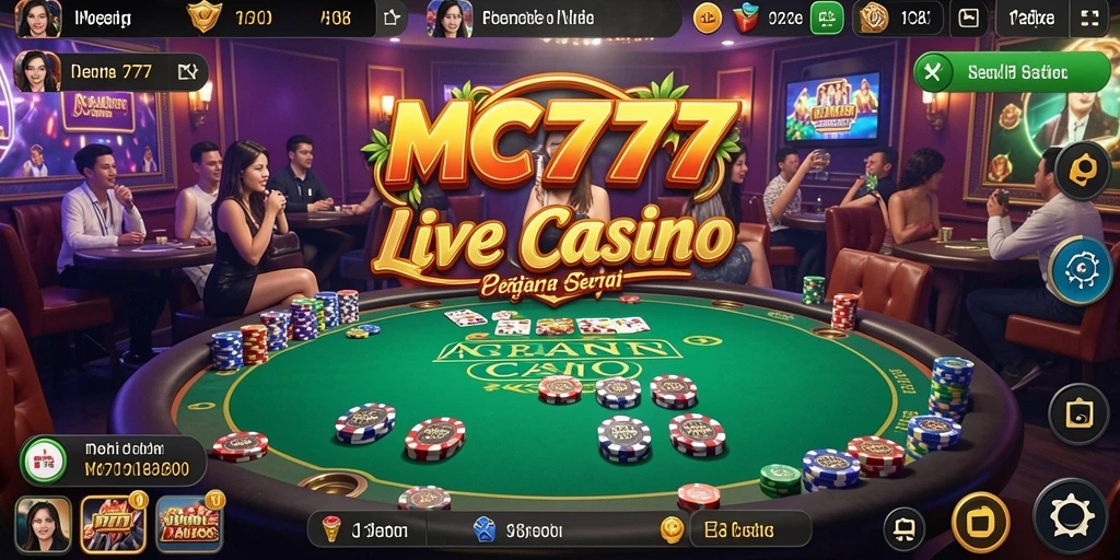 Tampilan screenshot MC777 yang menampilkan dealer Live Casino dan meja permainan.