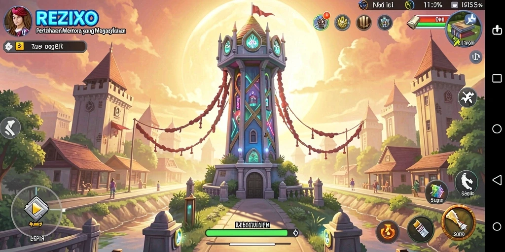 Tampilan gameplay <strong>REZIXO</strong> yang mendebarkan dengan menara menyerang musuh.